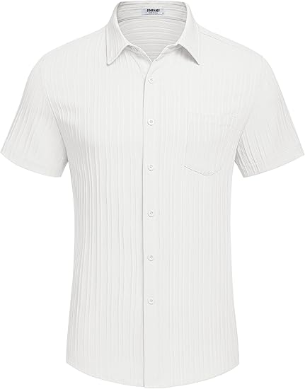 Men's Casual Button Down Shirts Short Sleeve Textured Summer Beach Shirt with Pocket