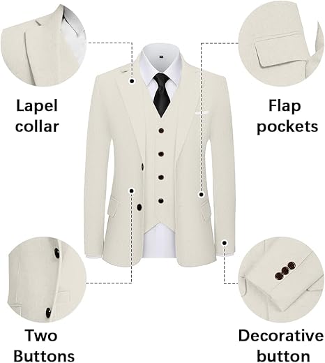 Men's 3 Piece Linen Suits Casual Lightweight Blazer Jackets Vest Pants Set for Wedding Business Prom Suit