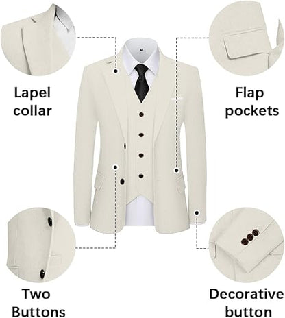 Men's 3 Piece Linen Suits Casual Lightweight Blazer Jackets Vest Pants Set for Wedding Business Prom Suit