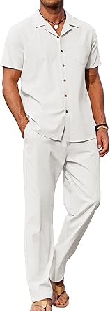 Men 2 Piece Linen Outfit Beach Button Down Shirt Casual Loose Pant Sets
