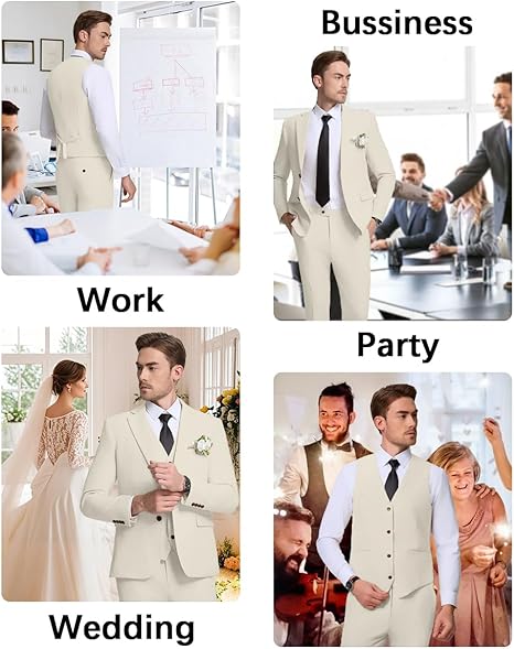 Men's 3 Piece Linen Suits Casual Lightweight Blazer Jackets Vest Pants Set for Wedding Business Prom Suit