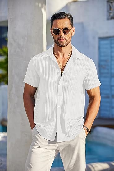 Men's Casual Button Down Shirts Short Sleeve Textured Summer Beach Shirt with Pocket