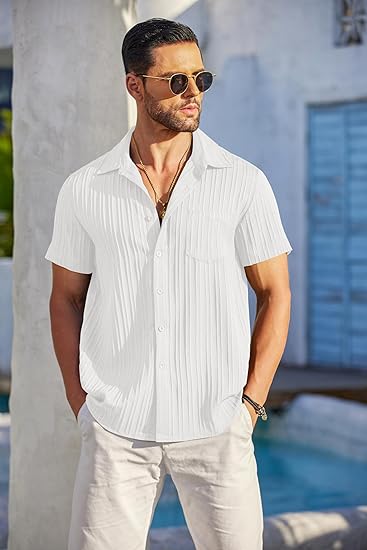 Men's Casual Button Down Shirts Short Sleeve Textured Summer Beach Shirt with Pocket