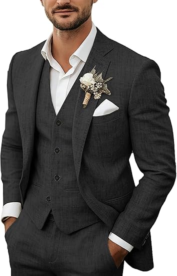 Men's 3 Piece Linen Suits Casual Lightweight Blazer Jackets Vest Pants Set for Wedding Business Prom Suit