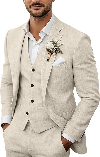 Men's 3 Piece Linen Suits Casual Lightweight Blazer Jackets Vest Pants Set for Wedding Business Prom Suit