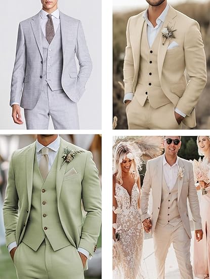 Men's 3 Piece Linen Suits Casual Lightweight Blazer Jackets Vest Pants Set for Wedding Business Prom Suit