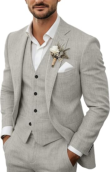 Men's 3 Piece Linen Suits Casual Lightweight Blazer Jackets Vest Pants Set for Wedding Business Prom Suit
