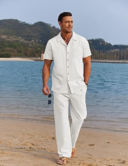 Men 2 Piece Linen Outfit Beach Button Down Shirt Casual Loose Pant Sets