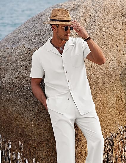 Men 2 Piece Linen Outfit Beach Button Down Shirt Casual Loose Pant Sets