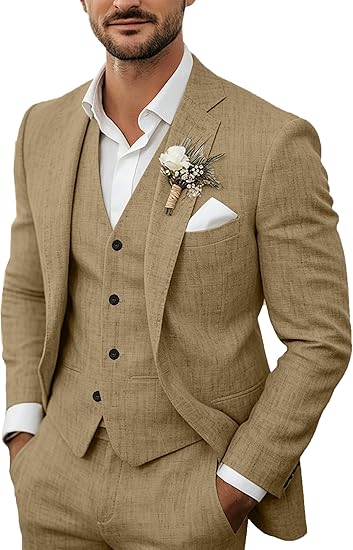 Men's 3 Piece Linen Suits Casual Lightweight Blazer Jackets Vest Pants Set for Wedding Business Prom Suit