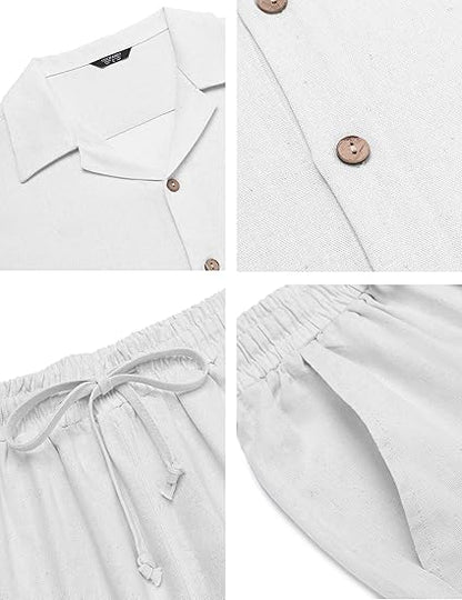 Men 2 Piece Linen Outfit Beach Button Down Shirt Casual Loose Pant Sets