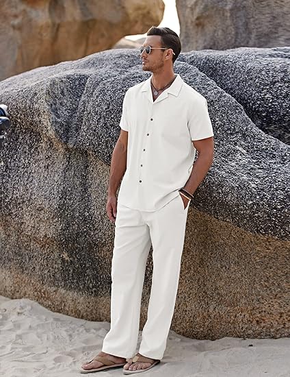 Men 2 Piece Linen Outfit Beach Button Down Shirt Casual Loose Pant Sets